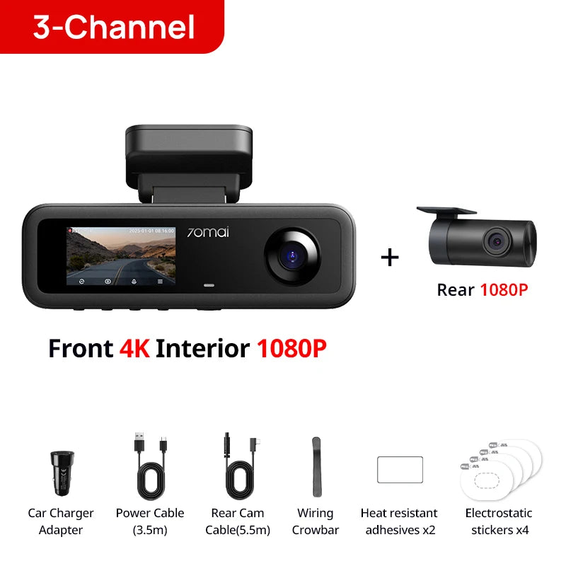 70mai 4K T800E 3-Channel Dash Cam Front Rear Interior 3-in-1 Voice Control 24H Parking Supercapacitor GPS 4K Car DVR 70mai T800E
