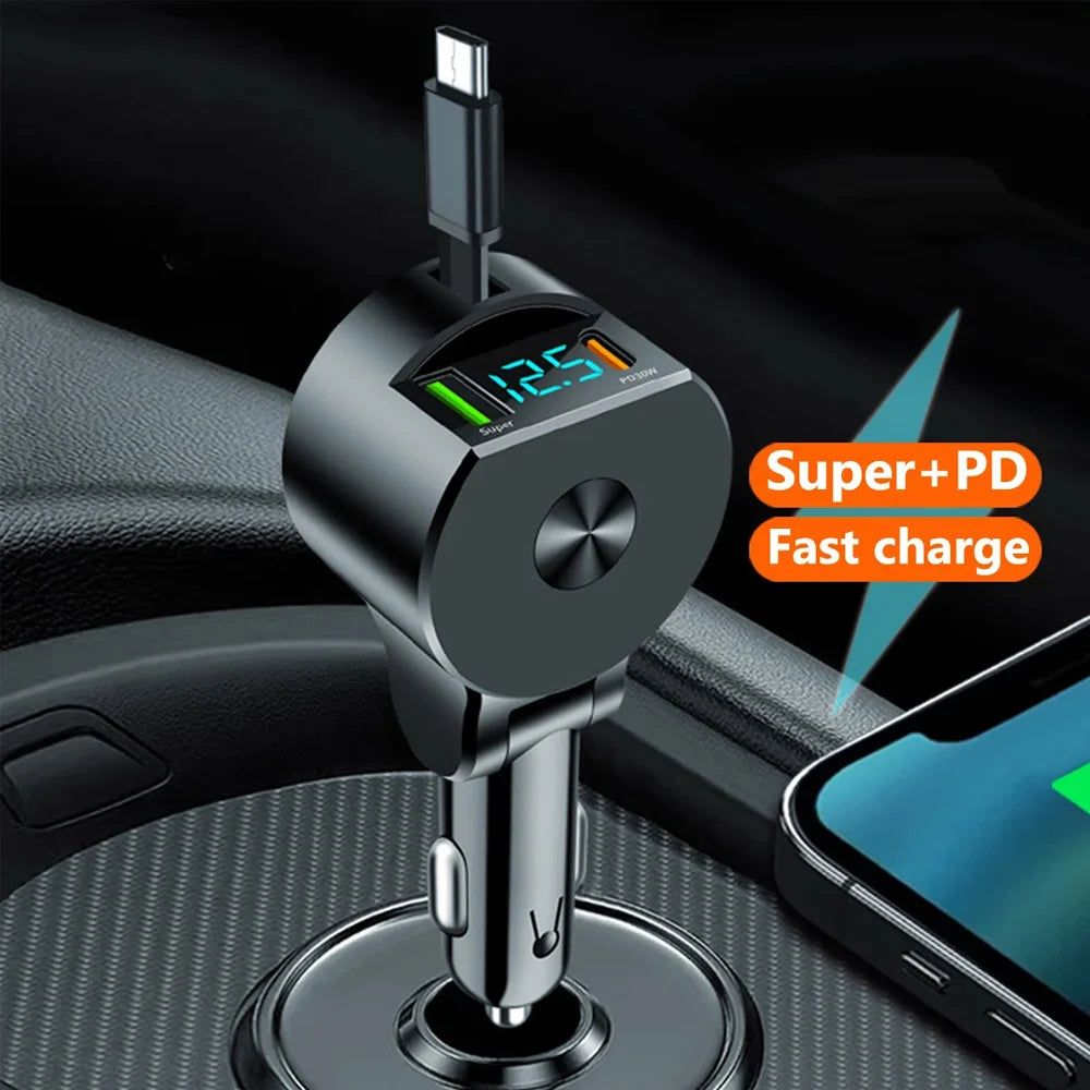 Car Charger Super Fast Retractable Car Phone Charger Usb Qc3.0 Type C Pd Fast Charging Retractable Cables Voltage Detectiction