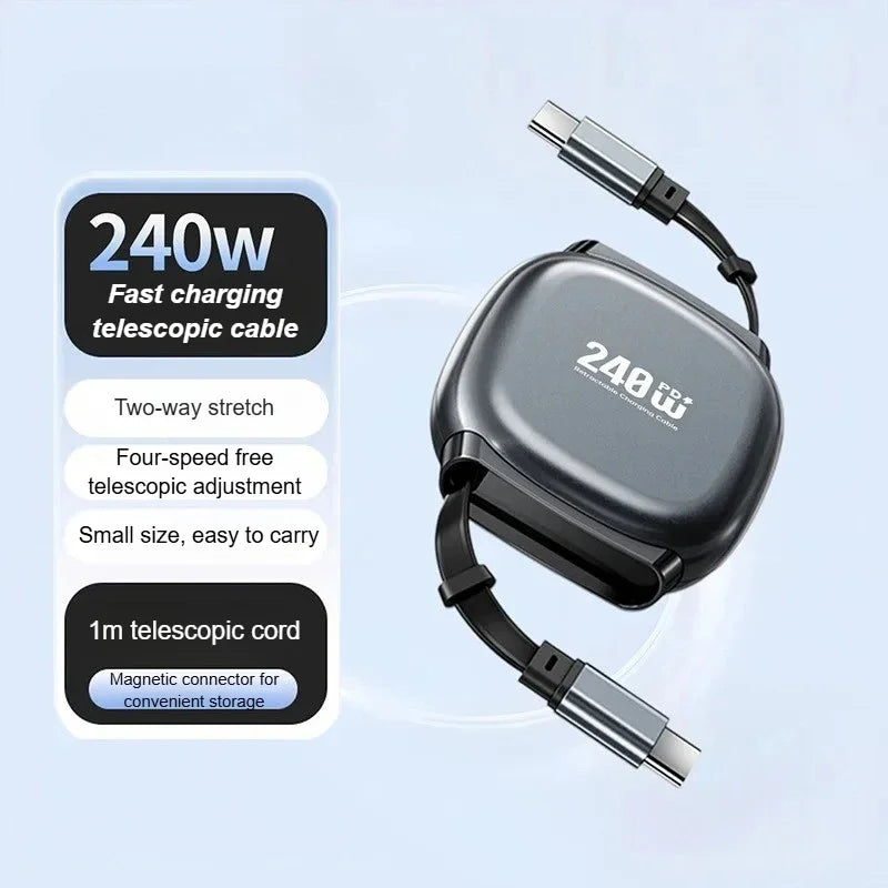 240W Retractable Fast Charging Cable USB C To C Auto Coiling for Travel Charging Phone Tablet Laptop for IPhone Samsung Huawei