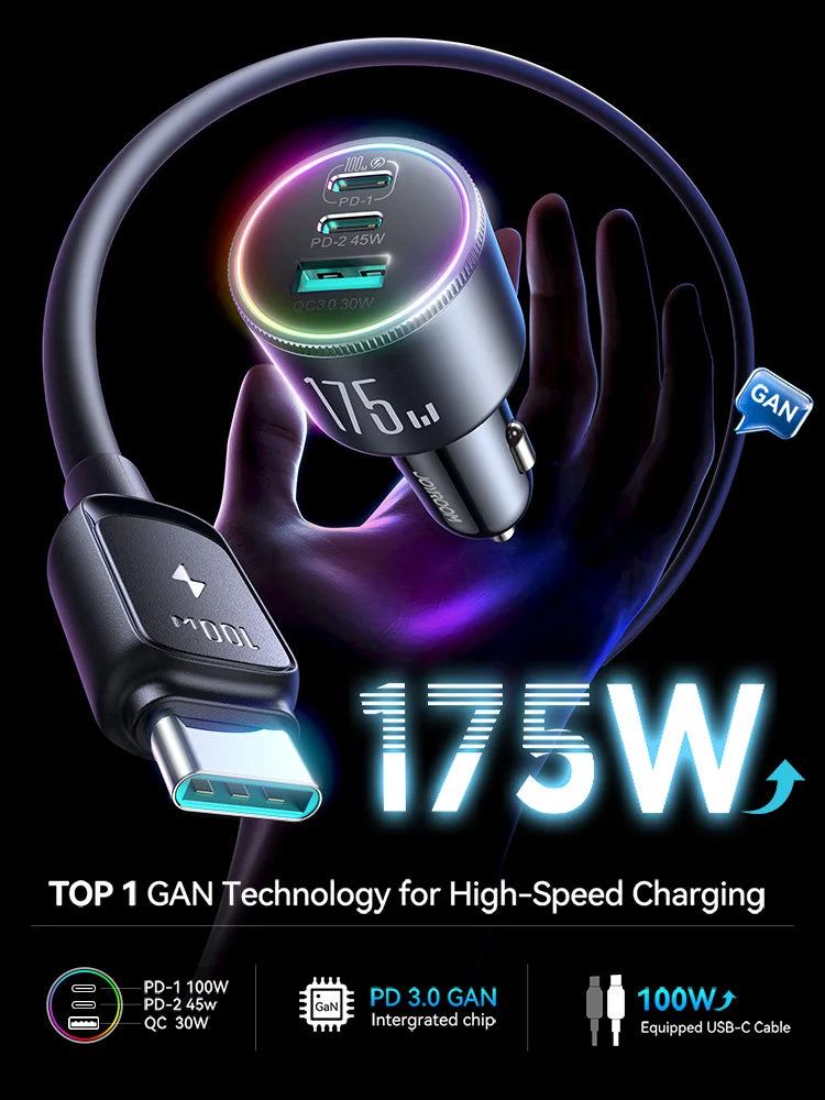 Joyroom  175W USB C Car Charger 3-Ports QC 3.0 For Samsung iPhone 17 16 Xiaomi 100W Fast Charging Adapter CCN07