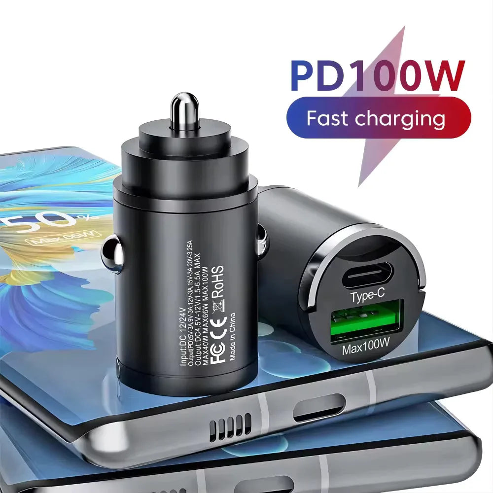 Mini 100W PD30W QC3.0 Pull Ring Fast Charging Car Charger USB C Car Phone Charger Adapter For iPhone Xiaomi Samsung Huawei