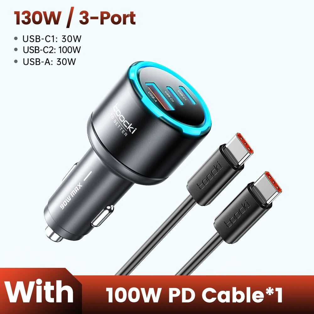 Toocki 130W Car Charger PD 100W PPS SFC3.0 Fast USB Type C Car Phone Charger for iPhone 17 16 15 Samsung S26 S25 Tablet Laptop