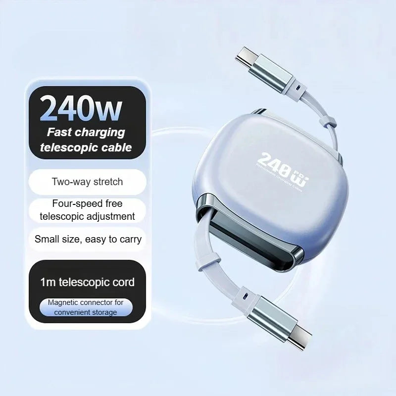 240W Retractable Fast Charging Cable USB C To C Auto Coiling for Travel Charging Phone Tablet Laptop for IPhone Samsung Huawei