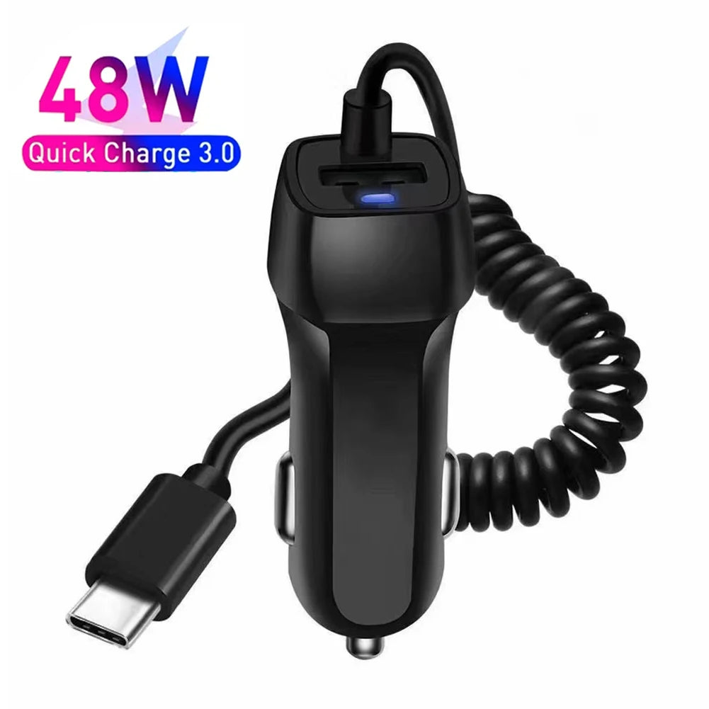 48W USB Fast Car Charger Stretch Cable Adapter for IPhone13 12 11 14 Pro Max Samsung Galaxy Note20 Android Type-c car Charger