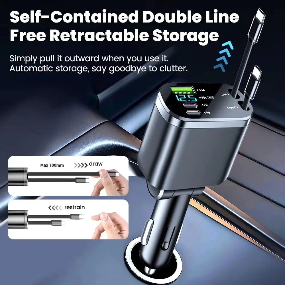 5 in 1 150W Car Charger Voltage Display PD30W Super Fast Charging 22.5W With Retractable Cable For IPhone Xiaomi Samsung