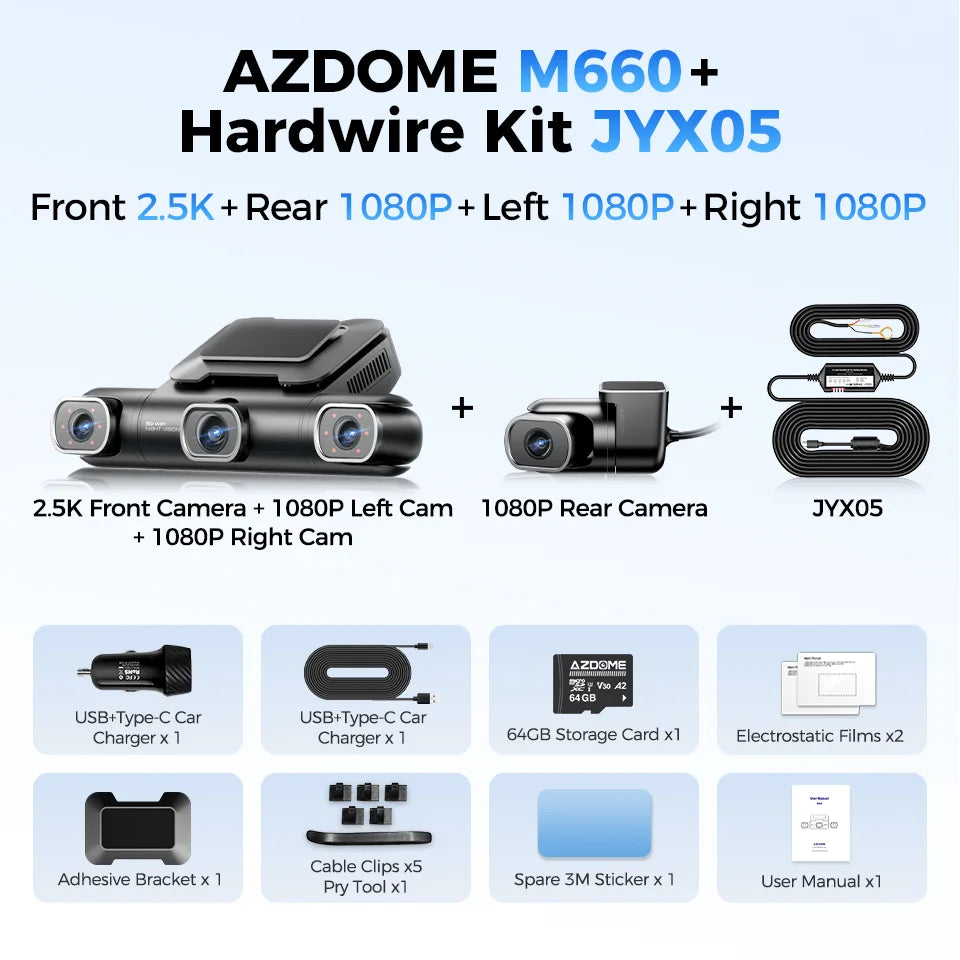AZDOME Dash Cam M660 2.5K+3*1080P 4CH Car DVR GPS 5G Wifi Free 64GB Card Voice Control 24H Parking Monitor Super Night Visio