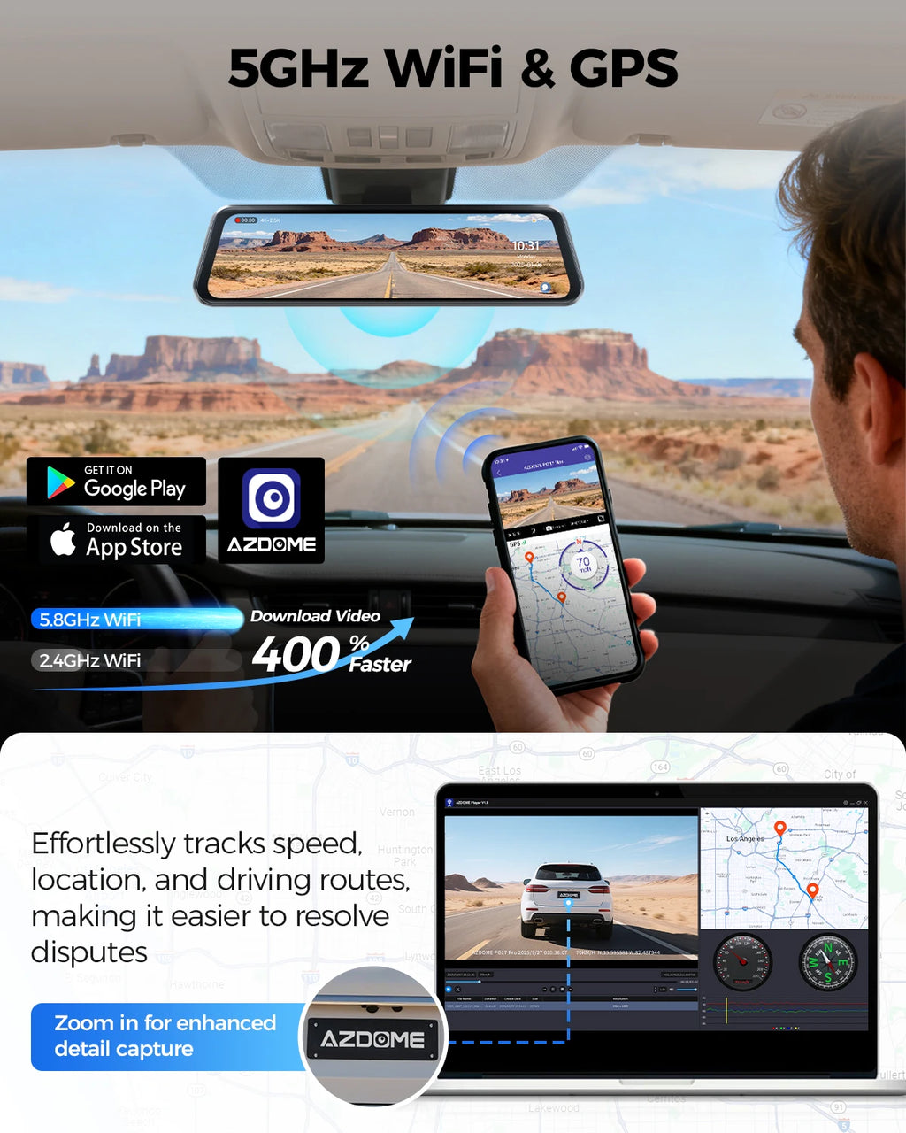 AZDOME PG17 Pro Dash Cam 4K+2.5K Front and Rear Mirror Camera with HDR STARVIS 2 Rear View Mirror Cam 5G WIFI GPS Voice Control