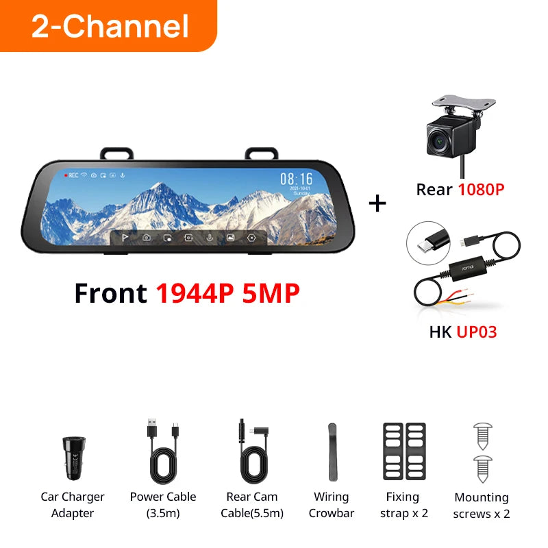 70mai Rearview Dash Cam S500 9.35'' Touch Screen 70mai S500 Car DVR 3K Super Capacitor Dual-Channel HDR Voice Control 24H Park