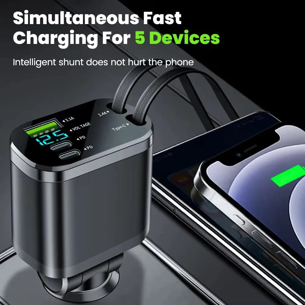 5 in 1 150W Car Charger Voltage Display PD30W Super Fast Charging 22.5W With Retractable Cable For IPhone Xiaomi Samsung