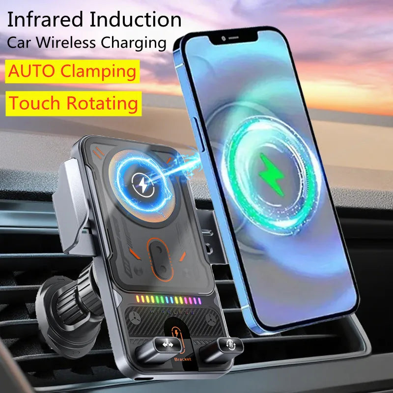 Car Electric Rotating Phone Holder Dual Coil Wireless Charger Air Vent Cell Stand For iPhone/Samsung/Xiaomi Fast Charging Mount