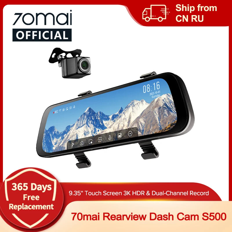 70mai Rearview Dash Cam S500 9.35'' Touch Screen 70mai S500 Car DVR 3K Super Capacitor Dual-Channel HDR Voice Control 24H Park