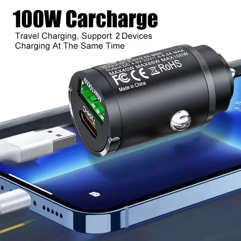 USB Type C Car Charger Max 100W Mini Car Charger Fast Charging Head Dual-Port Mobile Phone Car Charger For Xiaomi Samsung Huawei