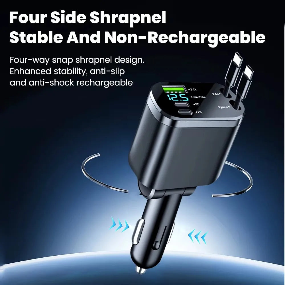 5 in 1 150W Car Charger Voltage Display PD30W Super Fast Charging 22.5W With Retractable Cable For IPhone Xiaomi Samsung