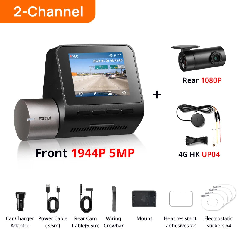 70mai Dash Cam A510 1944P HDR GPS ADAS 4G Connectivity 70mai 4G Front Cam A510 Car DVR 24H Parking Support Rear Cam