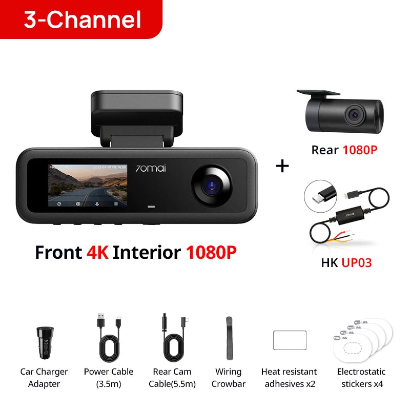 70mai 4K T800E 3-Channel Dash Cam Front Rear Interior 3-in-1 Voice Control 24H Parking Supercapacitor GPS 4K Car DVR 70mai T800E