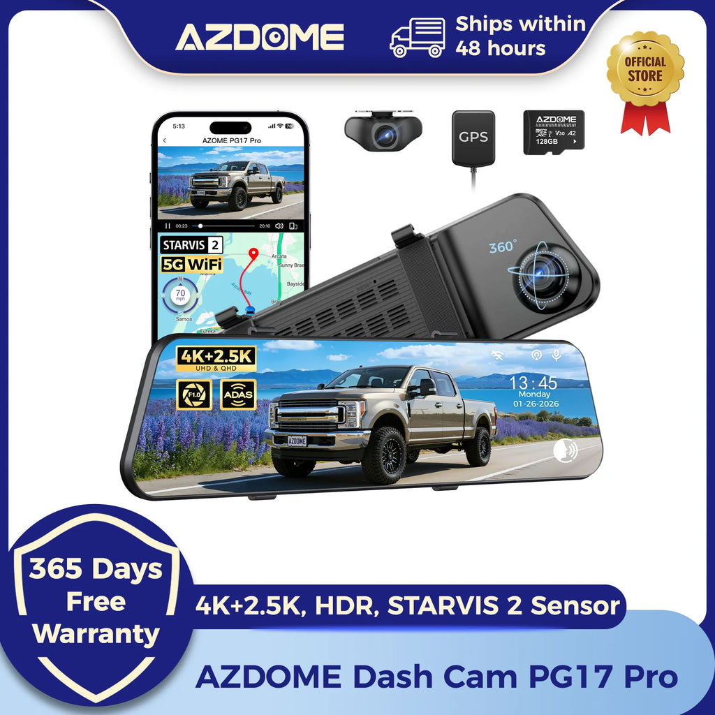 AZDOME PG17 Pro 4K+2.5K Rearview Dash Cam 12" Touch Screen HDR Rear View Mirror Camera w/ STARVIS 2 5G WiFi Stream Media Car DVR