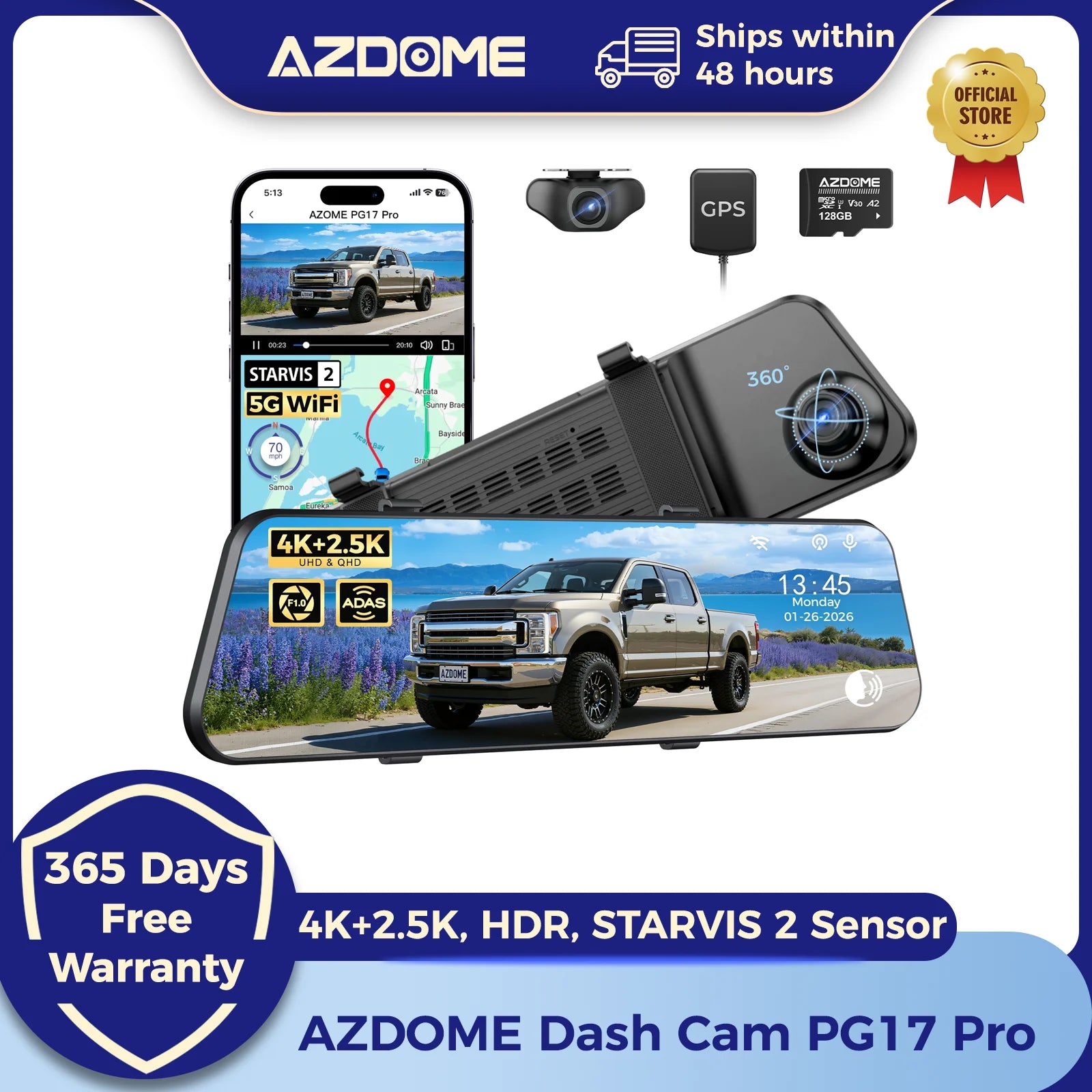 AZDOME PG17 Pro 4K+2.5K Rearview Dash Cam 12" Touch Screen HDR Rear View Mirror Camera w/ STARVIS 2 5G WiFi Stream Media Car DVR