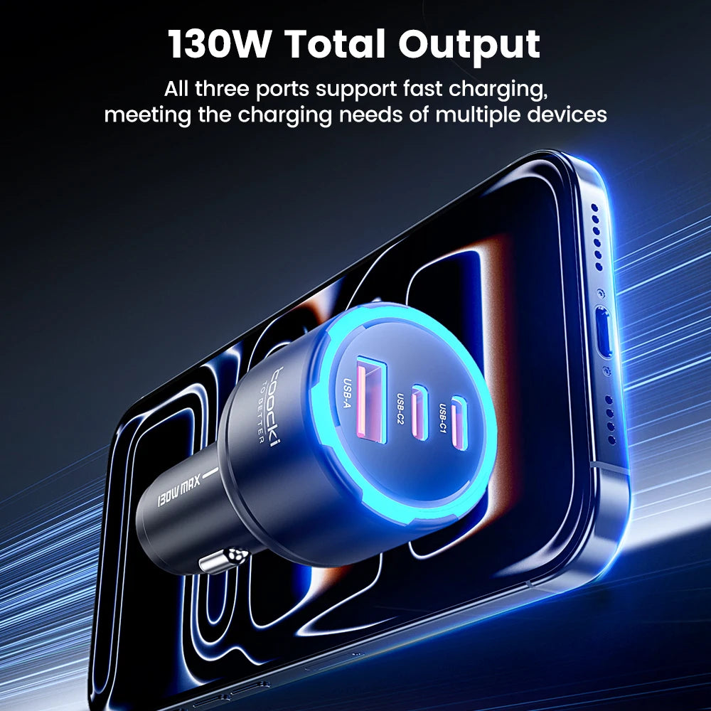 Toocki 130W Car Charger PD 100W PPS SFC3.0 Fast USB Type C Car Phone Charger for iPhone 17 16 15 Samsung S26 S25 Tablet Laptop
