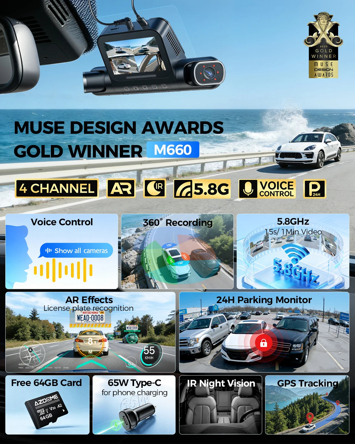 AZDOME Dash Cam M660 2.5K+3*1080P 4CH Car DVR GPS 5G Wifi Free 64GB Card Voice Control 24H Parking Monitor Super Night Visio