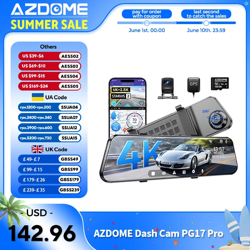 AZDOME PG17 Pro Dash Cam 4K+2.5K Front and Rear Mirror Camera with HDR STARVIS 2 Rear View Mirror Cam 5G WIFI GPS Voice Control