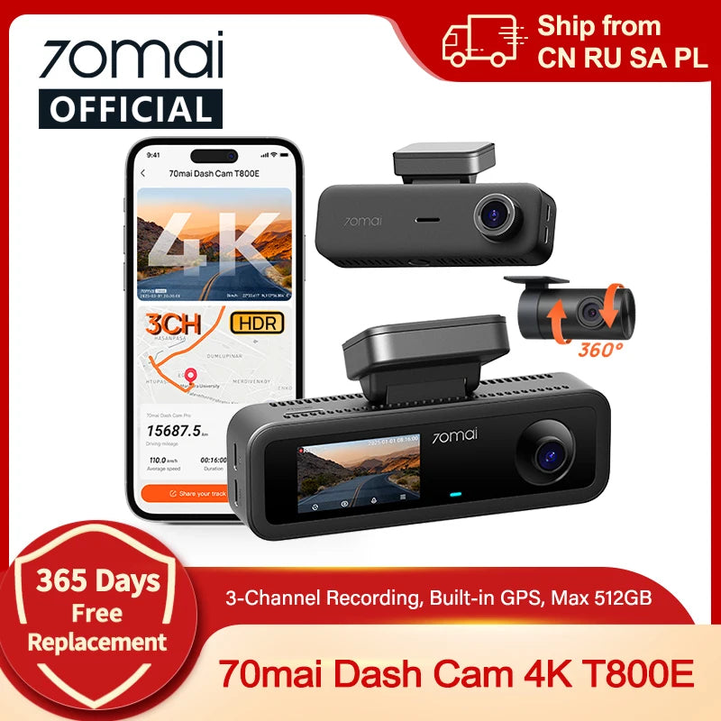 70mai 4K T800E 3-Channel Dash Cam Front Rear Interior 3-in-1 Voice Control 24H Parking Supercapacitor GPS 4K Car DVR 70mai T800E