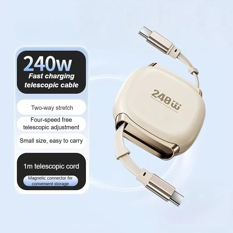 240W Retractable Fast Charging Cable USB C To C Auto Coiling for Travel Charging Phone Tablet Laptop for IPhone Samsung Huawei