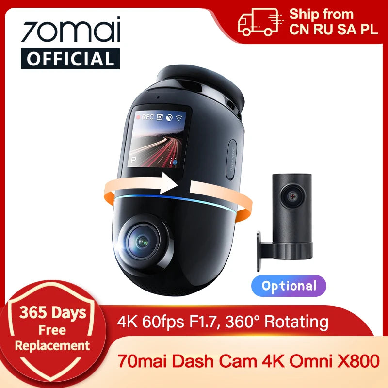 Global Version 70mai Dash Cam 4K Omni X800 360° Rotating Dual-Channel HDR Supported 4G Compatible Supercapacitor 70mai X800 Omni