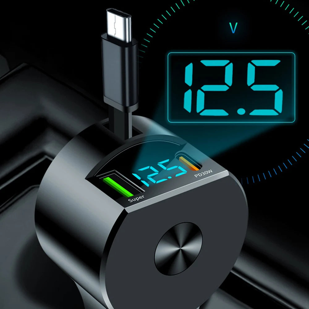 Car Charger Super Fast Retractable Car Phone Charger Usb Qc3.0 Type C Pd Fast Charging Retractable Cables Voltage Detectiction