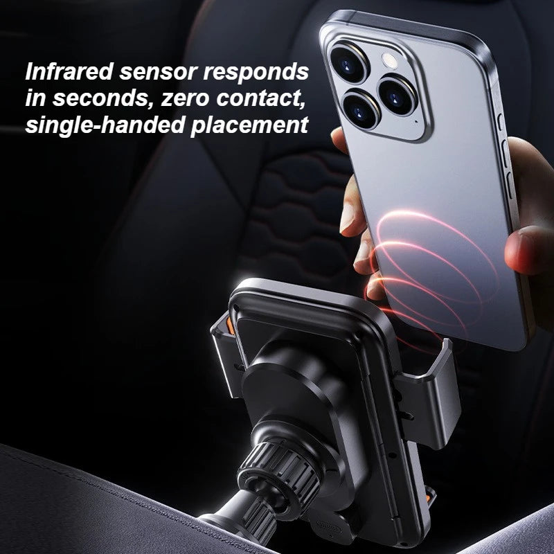 Auto Sensing Car Phone Charger Holder 15W Wireless Charging Motorized Rotation One Touch Clamping Dashboard Vent Secure Driving