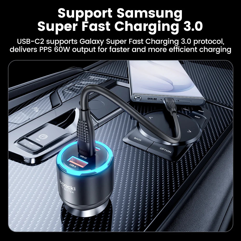 Toocki 130W Car Charger PD 100W PPS SFC3.0 Fast USB Type C Car Phone Charger for iPhone 17 16 15 Samsung S26 S25 Tablet Laptop