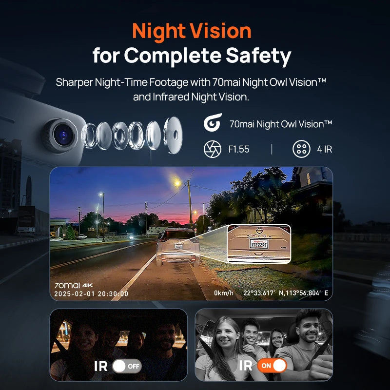 70mai 4K T800E 3-Channel Dash Cam Front Rear Interior 3-in-1 Voice Control 24H Parking Supercapacitor GPS 4K Car DVR 70mai T800E