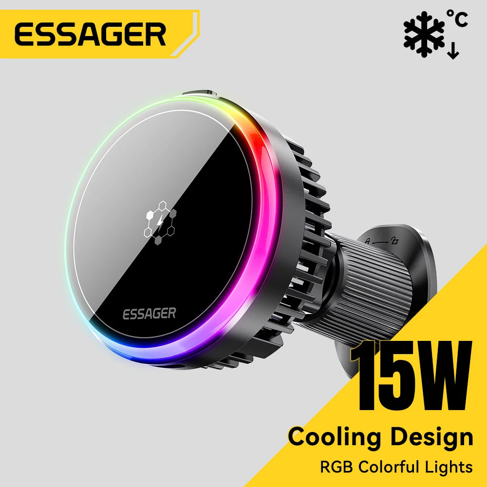 Essager 15W ice Cooling Magnetic Wireless Car Charger for iPhone 16 Huawei Xiaomi MacSafe Car Phone Holder Fast Charging Station