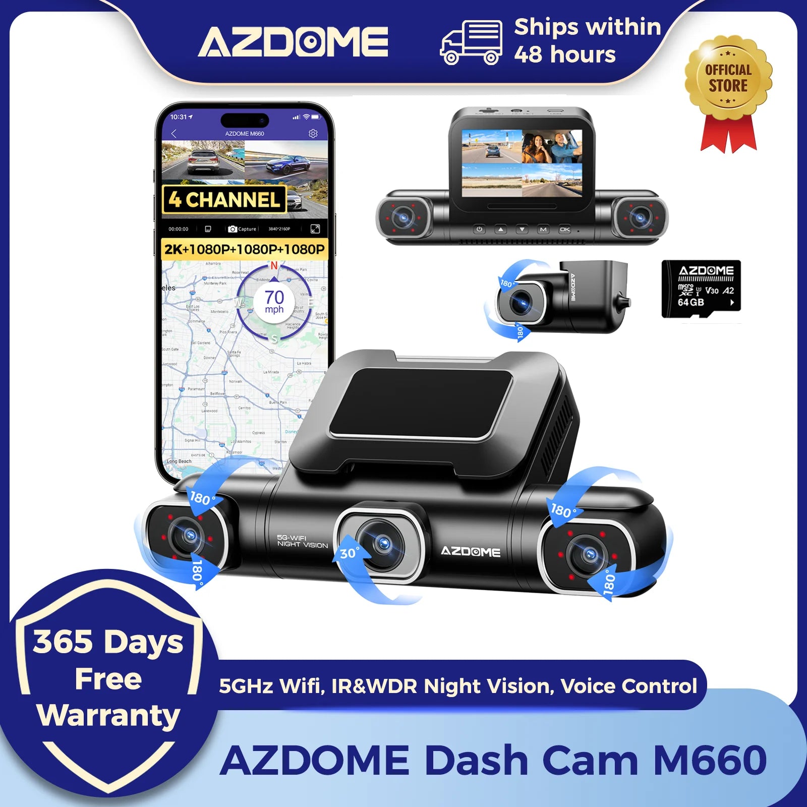 AZDOME Dash Cam M660 2.5K+3*1080P 4CH Car DVR GPS 5G Wifi Free 64GB Card Voice Control 24H Parking Monitor Super Night Visio