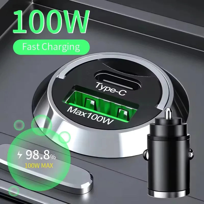 USB Type C Car Charger Max 100W Mini Car Charger Fast Charging Head Dual-Port Mobile Phone Car Charger For Xiaomi Samsung Huawei
