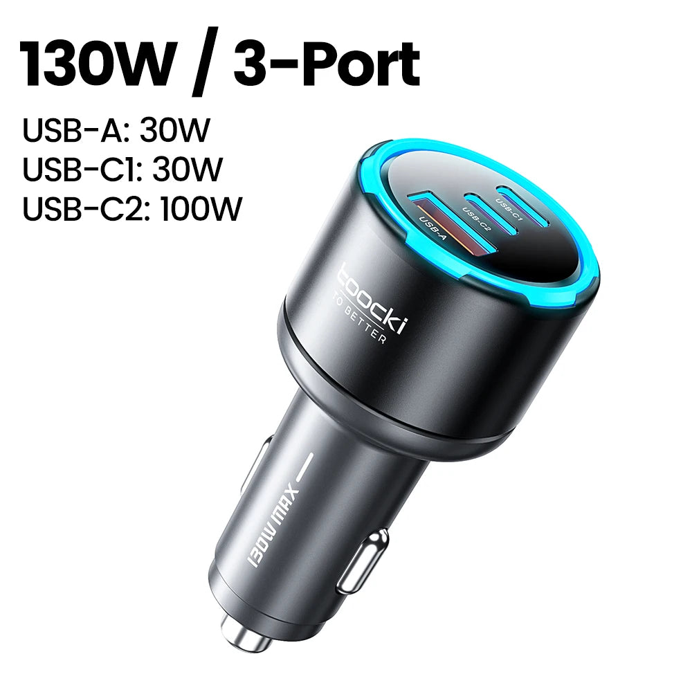 Toocki 130W Car Charger PD 100W PPS SFC3.0 Fast USB Type C Car Phone Charger for iPhone 17 16 15 Samsung S26 S25 Tablet Laptop