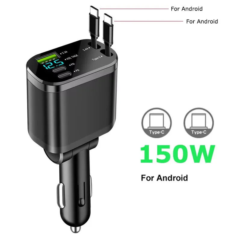 5 in 1 150W Car Charger Voltage Display PD30W Super Fast Charging 22.5W With Retractable Cable For IPhone Xiaomi Samsung