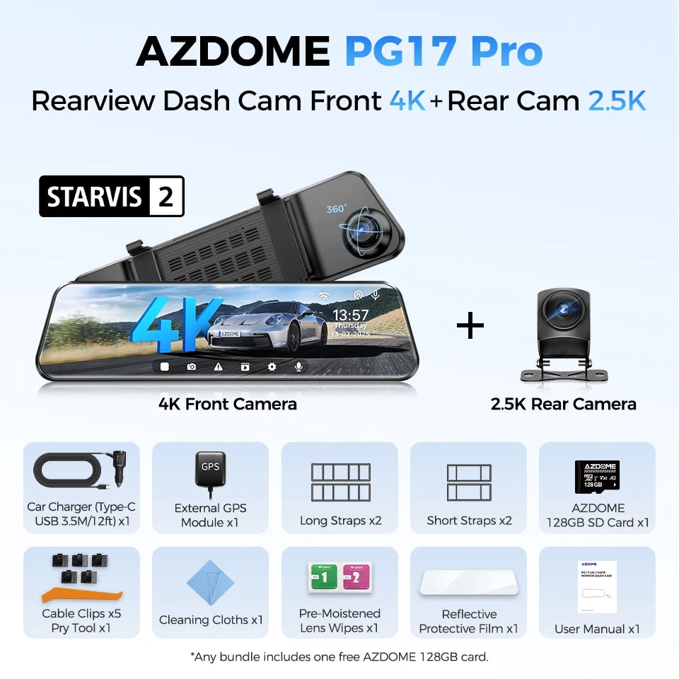AZDOME PG17 Pro 4K+2.5K Rearview Dash Cam 12" Touch Screen HDR Rear View Mirror Camera w/ STARVIS 2 5G WiFi Stream Media Car DVR
