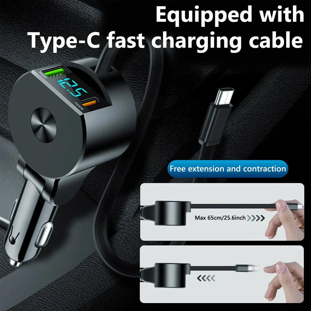 Car Charger Super Fast Retractable Car Phone Charger Usb Qc3.0 Type C Pd Fast Charging Retractable Cables Voltage Detectiction