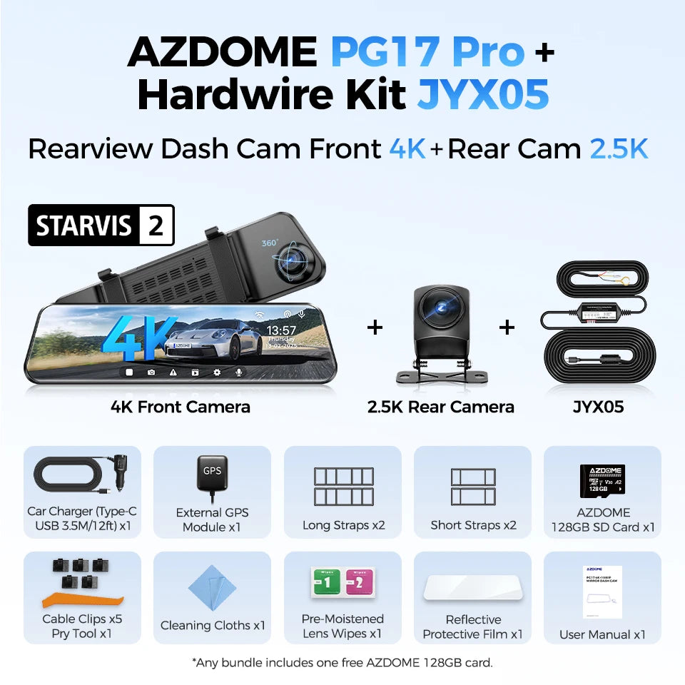 AZDOME PG17 Pro 4K+2.5K Rearview Dash Cam 12" Touch Screen HDR Rear View Mirror Camera w/ STARVIS 2 5G WiFi Stream Media Car DVR