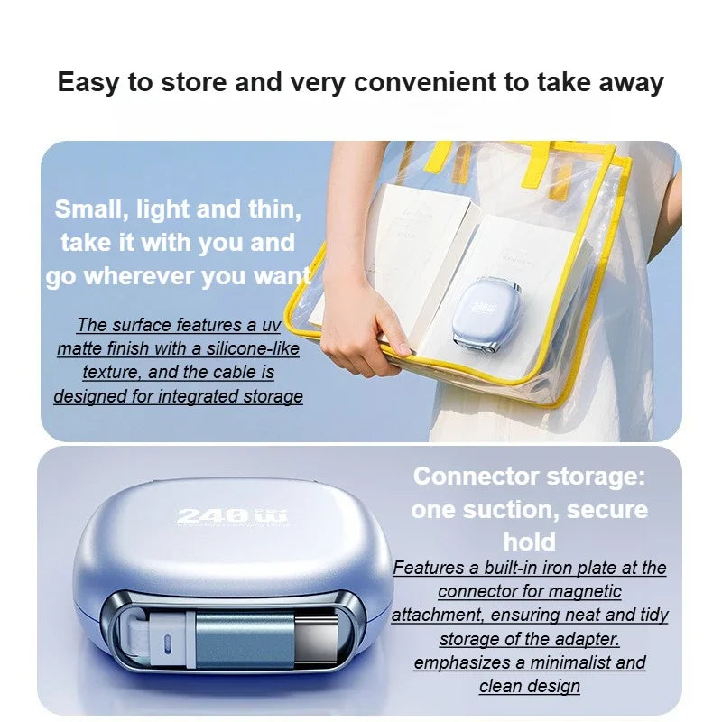 240W Retractable Fast Charging Cable USB C To C Auto Coiling for Travel Charging Phone Tablet Laptop for IPhone Samsung Huawei