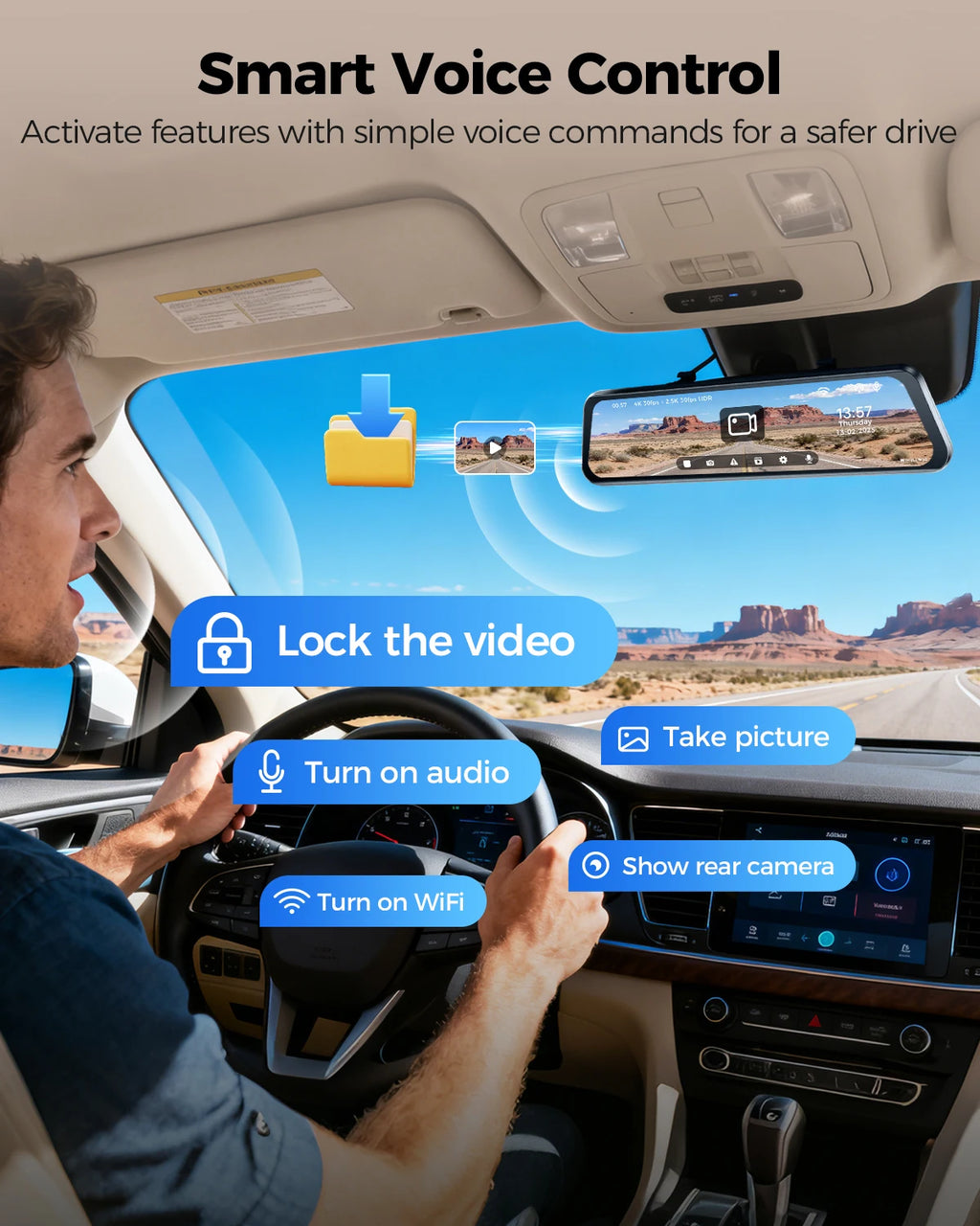 AZDOME PG17 Pro 4K+2.5K Rearview Dash Cam 12" Touch Screen HDR Rear View Mirror Camera w/ STARVIS 2 5G WiFi Stream Media Car DVR