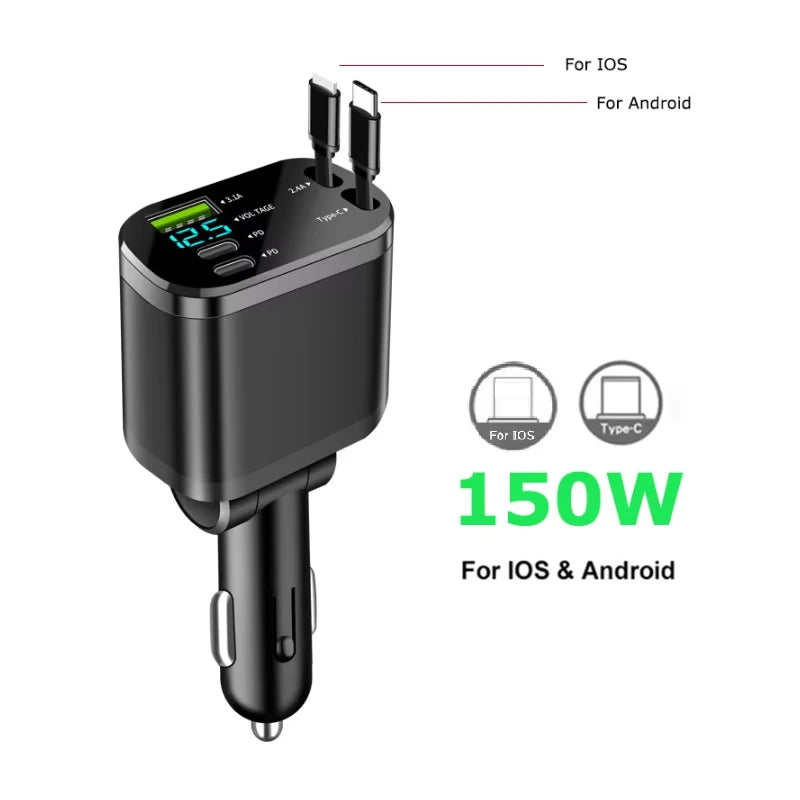5 in 1 150W Car Charger Voltage Display PD30W Super Fast Charging 22.5W With Retractable Cable For IPhone Xiaomi Samsung
