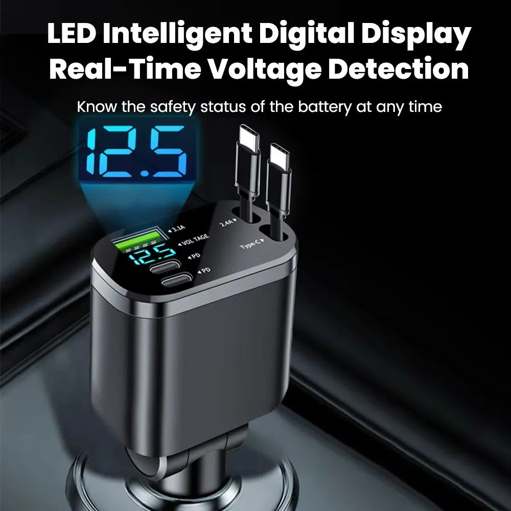 5 in 1 150W Car Charger Voltage Display PD30W Super Fast Charging 22.5W With Retractable Cable For IPhone Xiaomi Samsung